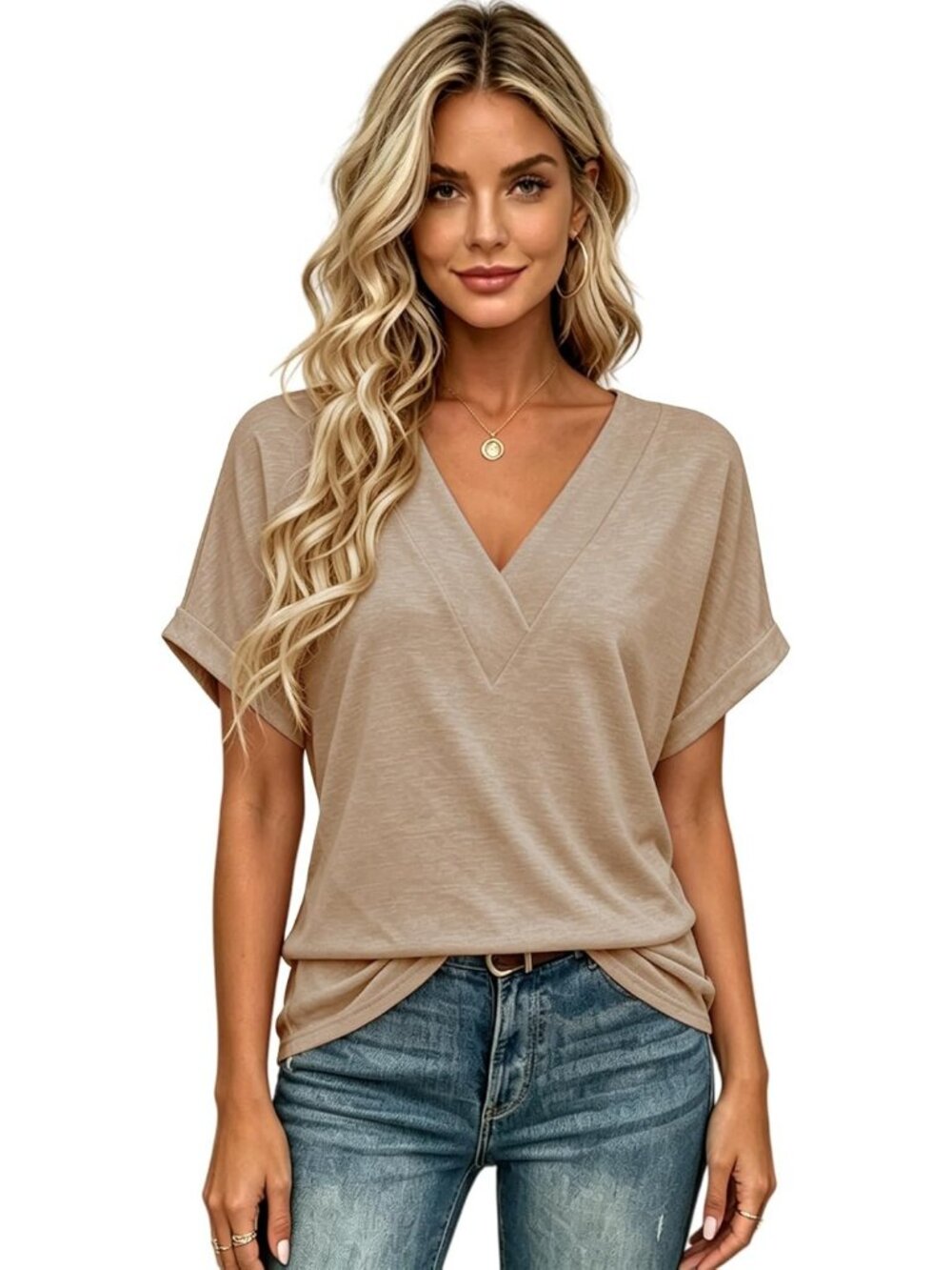 Women's Khaki Summer Short Sleeves V Neck Casual Beach Vacation Fashion Tops - Picture 2 of 6